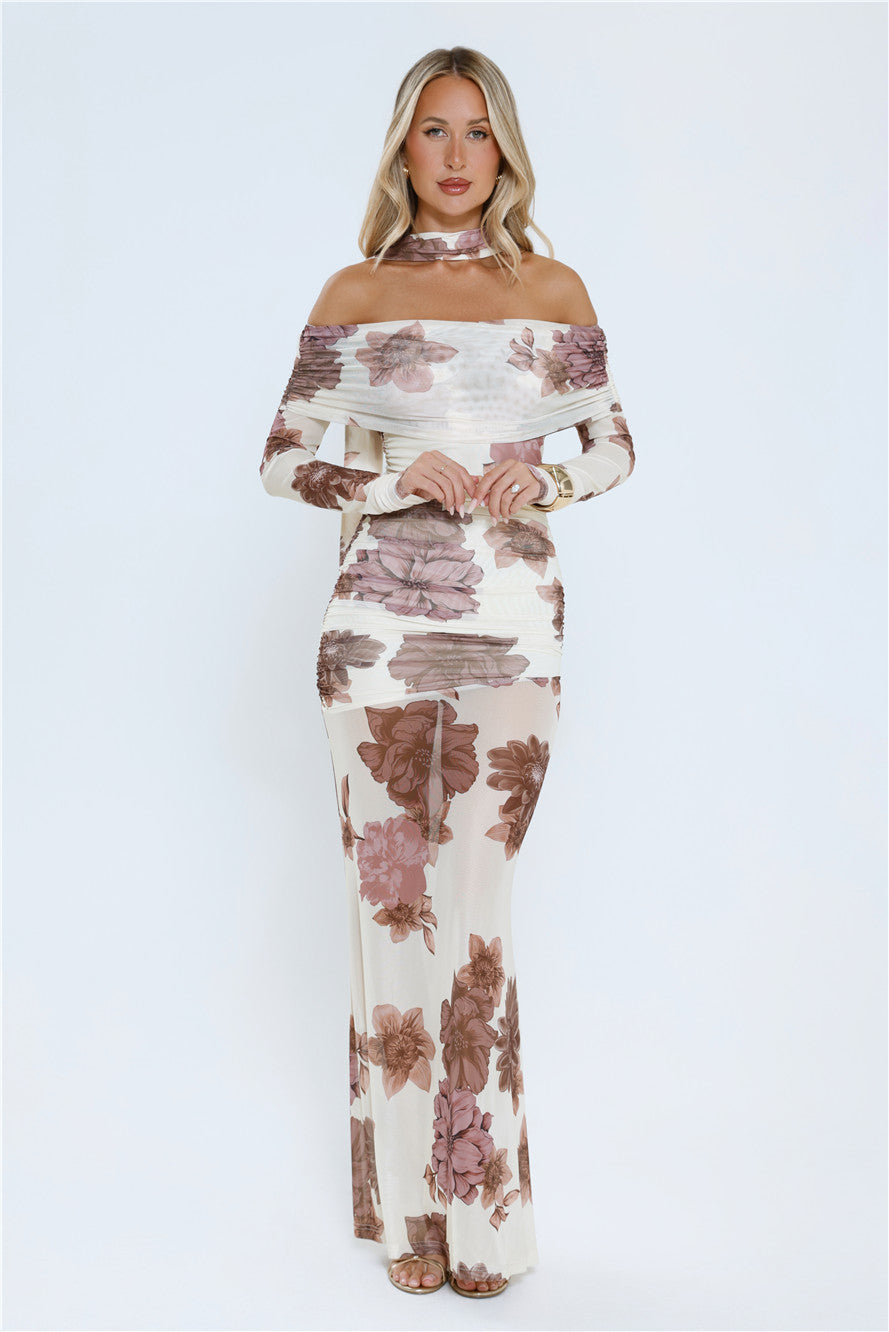 Garden Haze Off Shoulder Mesh Maxi Dress Floral
